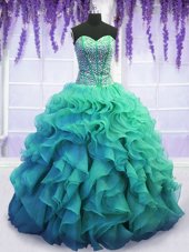 Hot Selling Beading and Ruffles Quince Ball Gowns Turquoise Lace Up Sleeveless Floor Length