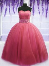 Chic Pink Lace Up Sweetheart Beading and Belt Quinceanera Dresses Tulle Sleeveless