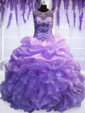 Comfortable Pick Ups Floor Length Lavender Quinceanera Gown Scoop Sleeveless Lace Up