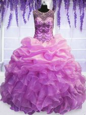 Best Selling Lilac Ball Gowns Organza Scoop Sleeveless Beading and Pick Ups Floor Length Lace Up Quinceanera Dress