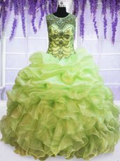 Admirable Yellow Green Organza Lace Up Scoop Sleeveless Floor Length 15th Birthday Dress Beading and Pick Ups
