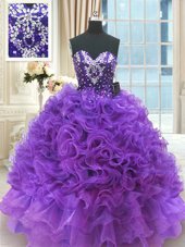 Customized Floor Length Lace Up Sweet 16 Quinceanera Dress Purple and In for Military Ball and Sweet 16 and Quinceanera with Beading and Ruffles