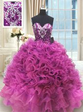 Glamorous Sweetheart Sleeveless Lace Up Quinceanera Gown Fuchsia Organza