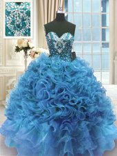 Nice Beading and Ruffles 15th Birthday Dress Blue Lace Up Sleeveless Floor Length