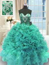 Fitting Sleeveless Floor Length Beading and Ruffles Lace Up Quince Ball Gowns with Turquoise