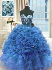 Pretty Blue Sleeveless Organza Lace Up 15th Birthday Dress for Military Ball and Sweet 16 and Quinceanera