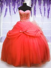 Trendy Coral Red Sweetheart Neckline Beading and Bowknot Quinceanera Gown Sleeveless Lace Up