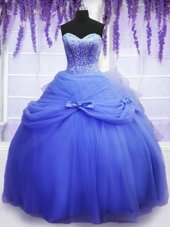 Excellent Floor Length Lace Up 15th Birthday Dress Blue and In for Military Ball and Sweet 16 and Quinceanera with Beading and Bowknot
