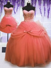 Decent Three Piece Tulle Sweetheart Sleeveless Lace Up Beading and Bowknot Quinceanera Dresses in Watermelon Red