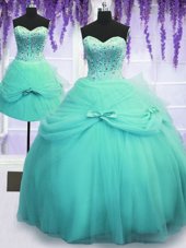 Fine Three Piece Tulle Sweetheart Sleeveless Lace Up Beading and Bowknot Quinceanera Dress in Aqua Blue