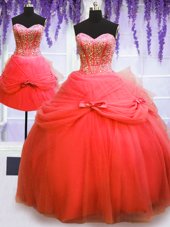 Adorable Three Piece Tulle Sleeveless Floor Length Sweet 16 Quinceanera Dress and Beading and Bowknot