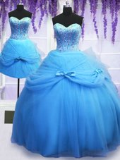Noble Three Piece Sweetheart Sleeveless 15 Quinceanera Dress Floor Length Beading and Bowknot Baby Blue Tulle