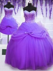 Classical Three Piece Purple Ball Gowns Tulle Sweetheart Sleeveless Beading and Bowknot Floor Length Lace Up Sweet 16 Quinceanera Dress