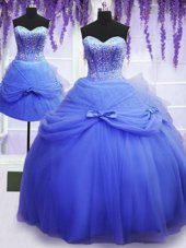 Dynamic Three Piece Blue 15th Birthday Dress Military Ball and Sweet 16 and Quinceanera and For with Beading and Bowknot Sweetheart Sleeveless Lace Up