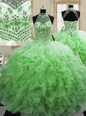 Spectacular Halter Top Sleeveless Tulle Lace Up Ball Gown Prom Dress for Military Ball and Sweet 16 and Quinceanera