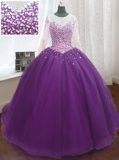 Fashion Scoop Long Sleeves Beading and Sequins Lace Up Sweet 16 Quinceanera Dress with Purple Sweep Train