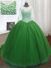 Exceptional Scoop Organza Long Sleeves Vestidos de Quinceanera Sweep Train and Beading and Sequins