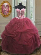 Glittering Sleeveless Organza Floor Length Lace Up 15th Birthday Dress in Burgundy for with Sequins and Pick Ups