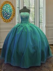 Most Popular Floor Length Lace Up Sweet 16 Dresses Teal and In for Military Ball and Sweet 16 and Quinceanera with Sequins