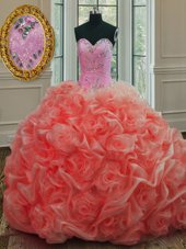 Adorable Watermelon Red Ball Gowns Organza Sweetheart Sleeveless Beading and Pick Ups Lace Up Quinceanera Gown Sweep Train