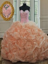Vintage Peach Organza Lace Up Sweetheart Sleeveless Quinceanera Dresses Sweep Train Beading and Pick Ups