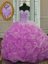 Adorable Lilac Ball Gowns Organza Sweetheart Sleeveless Beading and Pick Ups Lace Up 15th Birthday Dress Sweep Train