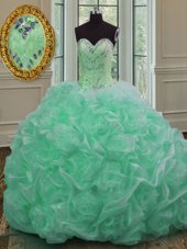 Flare Sleeveless Beading and Pick Ups Lace Up Quinceanera Dress with Apple Green Sweep Train