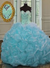 Dramatic Blue Organza Lace Up Sweetheart Sleeveless Sweet 16 Quinceanera Dress Sweep Train Beading and Pick Ups