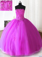 Gorgeous Fuchsia Ball Gowns Beading and Appliques Sweet 16 Dresses Lace Up Tulle Sleeveless Floor Length