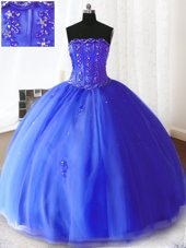 Glorious Royal Blue Strapless Lace Up Beading and Appliques Sweet 16 Quinceanera Dress Sleeveless