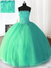 On Sale Beading and Appliques 15 Quinceanera Dress Turquoise Lace Up Sleeveless Floor Length