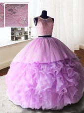 Elegant Lace With Train Lilac Quinceanera Dress Scoop Sleeveless Brush Train Zipper
