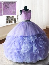 Fantastic Brush Train Ball Gowns Quinceanera Gown Lavender Scoop Organza and Tulle and Lace Sleeveless With Train Zipper