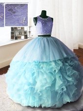 Modest Baby Blue Sweet 16 Quinceanera Dress Military Ball and Sweet 16 and Quinceanera and For with Beading and Lace and Ruffles Scoop Sleeveless Brush Train Zipper