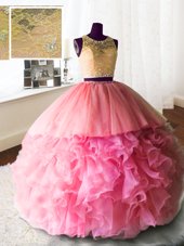 Trendy Scoop Sleeveless Brush Train Zipper Sweet 16 Dresses Rose Pink Organza and Tulle and Lace