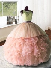 New Arrival Lace With Train Baby Pink Quinceanera Dress Scoop Sleeveless Brush Train Zipper