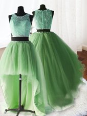 Beautiful Three Piece Scoop Yellow Green Sleeveless Organza and Tulle and Lace Brush Train Zipper Vestidos de Quinceanera for Military Ball and Sweet 16 and Quinceanera