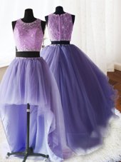 Colorful Three Piece Lavender Quinceanera Dresses Military Ball and Sweet 16 and Quinceanera and For with Beading and Lace and Ruffles Scoop Sleeveless Brush Train Zipper