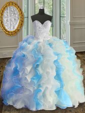 Custom Design Sweetheart Sleeveless Organza Quince Ball Gowns Beading and Ruffles Lace Up