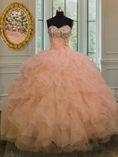 Fitting Peach Lace Up Quinceanera Gown Beading and Ruffles Sleeveless Floor Length
