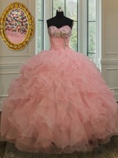 Elegant Sweetheart Sleeveless Lace Up Quinceanera Gown Watermelon Red Organza