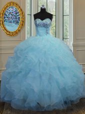 High Quality Baby Blue Ball Gowns Organza Sweetheart Sleeveless Beading and Ruffles Floor Length Lace Up 15 Quinceanera Dress