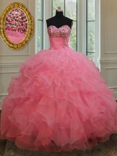 Free and Easy Organza Sweetheart Sleeveless Lace Up Beading and Ruffles Quinceanera Gowns in Rose Pink