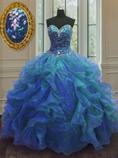 Sumptuous Blue Quinceanera Gown Military Ball and Sweet 16 and Quinceanera and For with Beading and Ruffles Sweetheart Sleeveless Lace Up