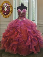 Inexpensive Purple Organza and Sequined Lace Up Sweetheart Sleeveless Floor Length Quinceanera Dresses Beading and Ruffles