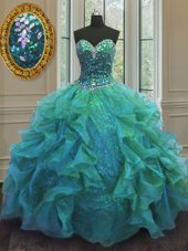 Custom Designed Turquoise 15 Quinceanera Dress Military Ball and Sweet 16 and Quinceanera and For with Beading and Ruffles Sweetheart Sleeveless Lace Up