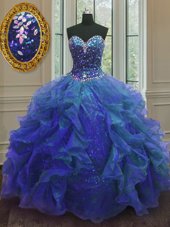Dazzling Ball Gowns Quinceanera Gowns Blue Sweetheart Organza and Sequined Sleeveless Floor Length Lace Up