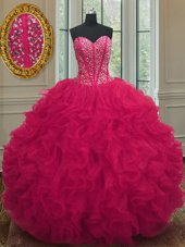 Sumptuous Coral Red Ball Gowns Beading and Ruffles Ball Gown Prom Dress Lace Up Organza Sleeveless Floor Length
