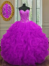 New Arrival Sweetheart Sleeveless Sweet 16 Dresses Floor Length Beading and Ruffles Purple Organza
