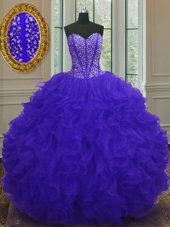 Lovely Blue Ball Gowns Sweetheart Sleeveless Organza Floor Length Zipper Beading and Ruffles Vestidos de Quinceanera